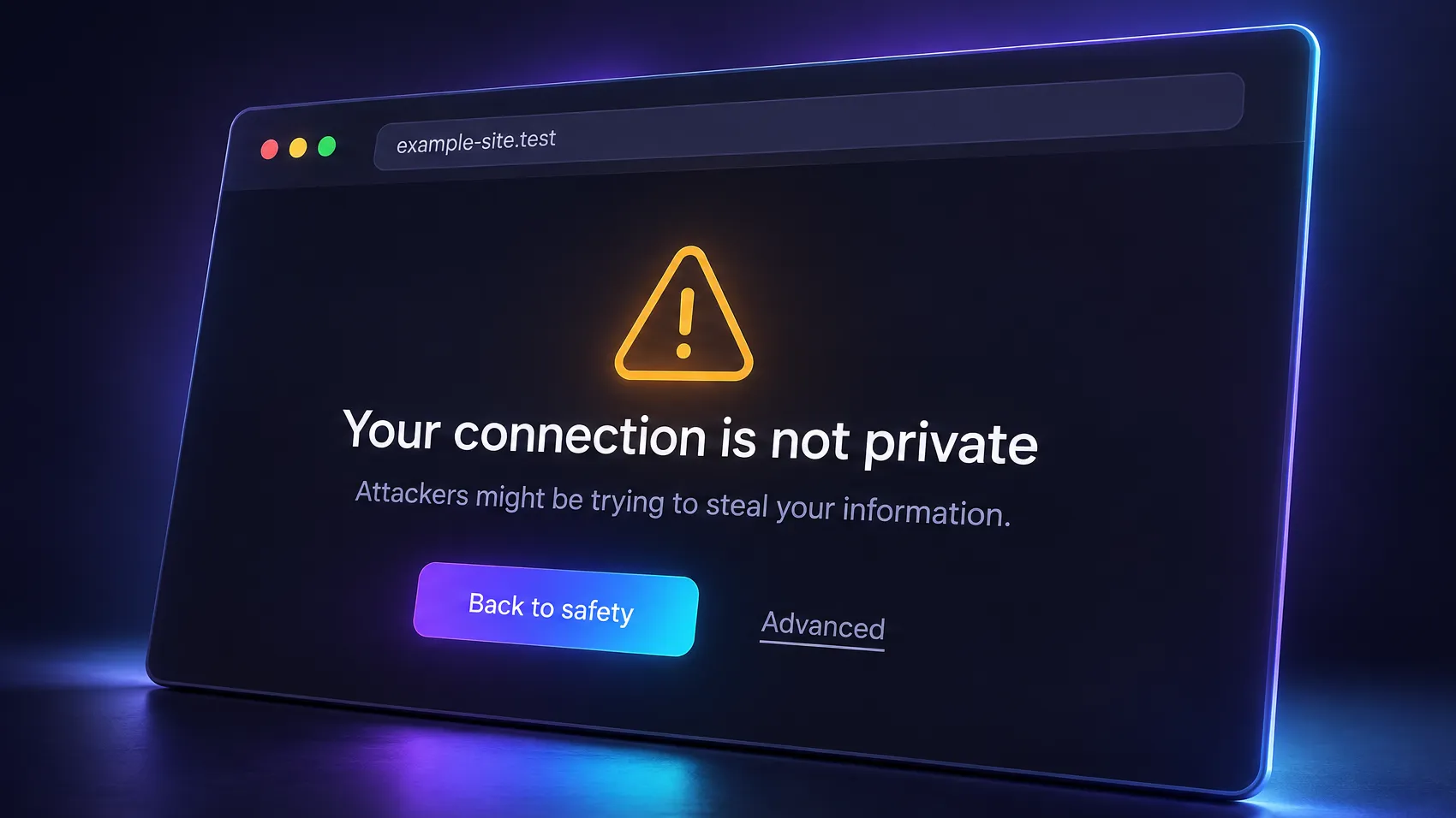 A browser window showing the warning Your connection is not private, with a Back to safety button