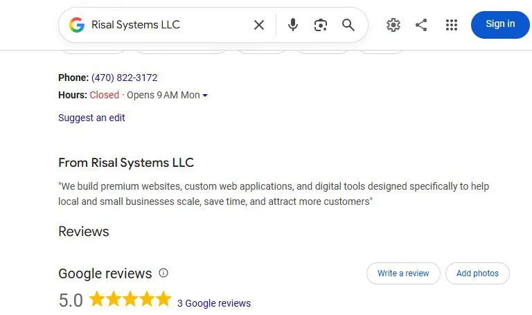 Risal Systems Google Business Profile showing the phone number, hours, a business description, and the reviews section