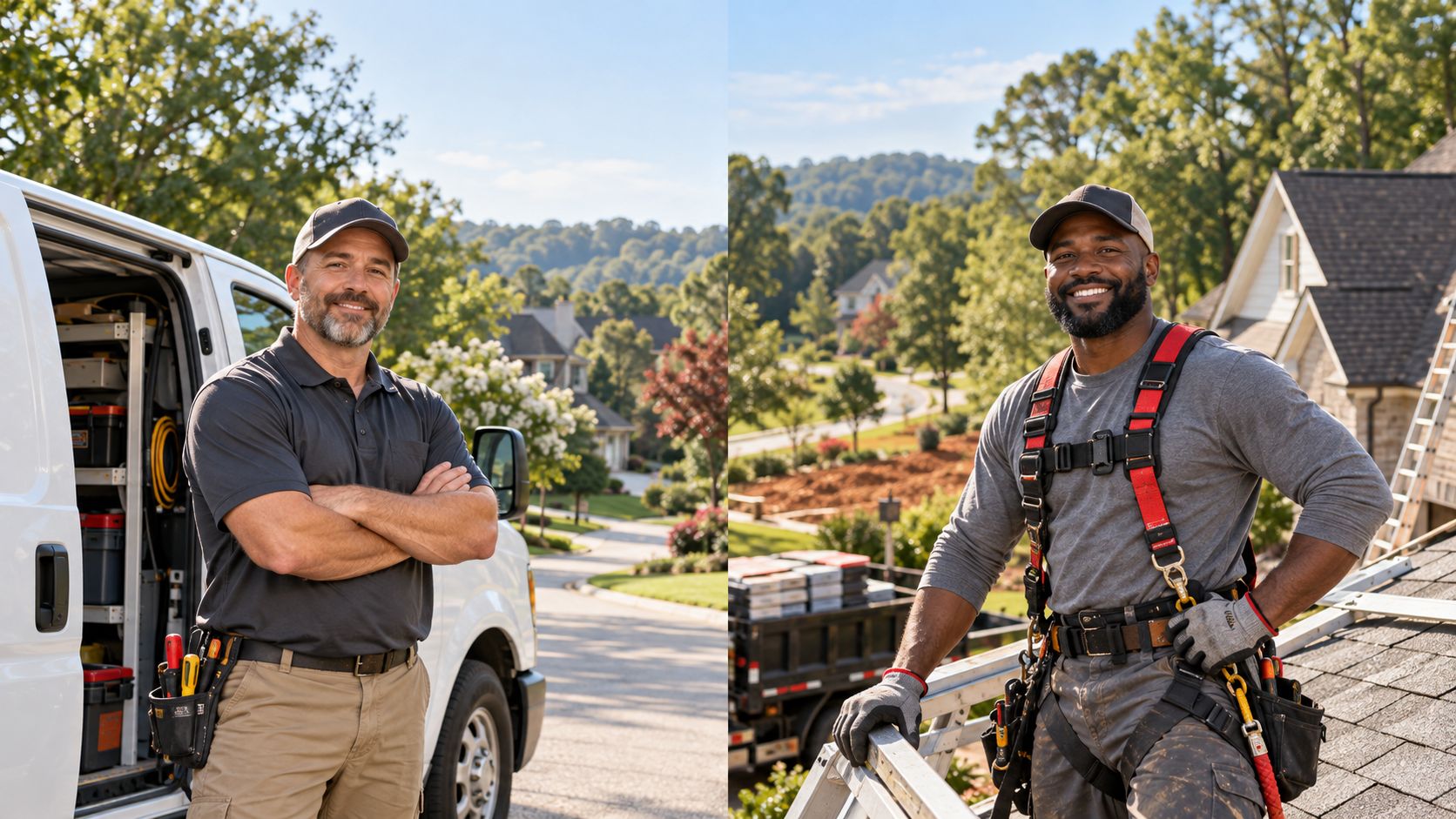 Two local tradespeople: a service technician standing beside an open work van on a suburban street, and a roofer in a safety harness on a roof beside a ladder