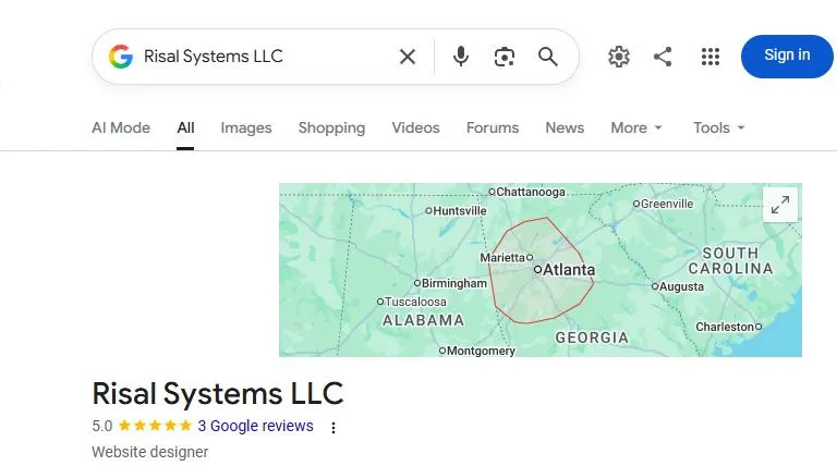 Risal Systems LLC Google Business Profile as it appears in Google Search, showing a service-area outline on the map, a 5.0 rating from 3 Google reviews, and the category Website designer