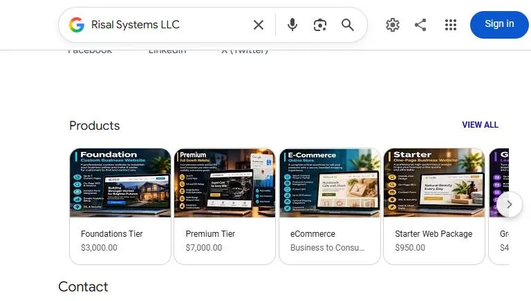 Risal Systems Google Business Profile Products section showing service packages with prices
