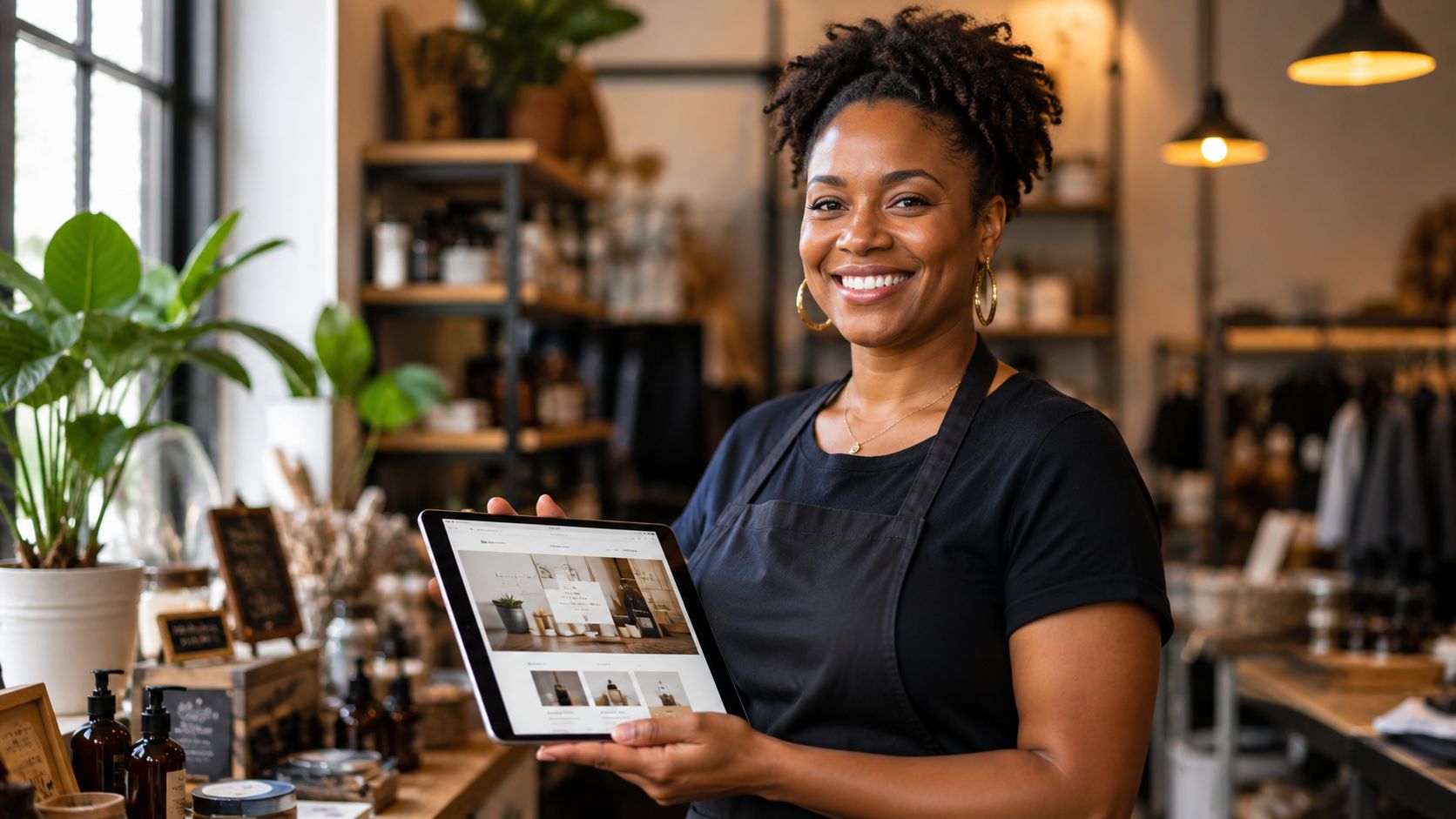 A small business owner smiling in her shop, holding a tablet that shows the custom website Risal Systems built for her store