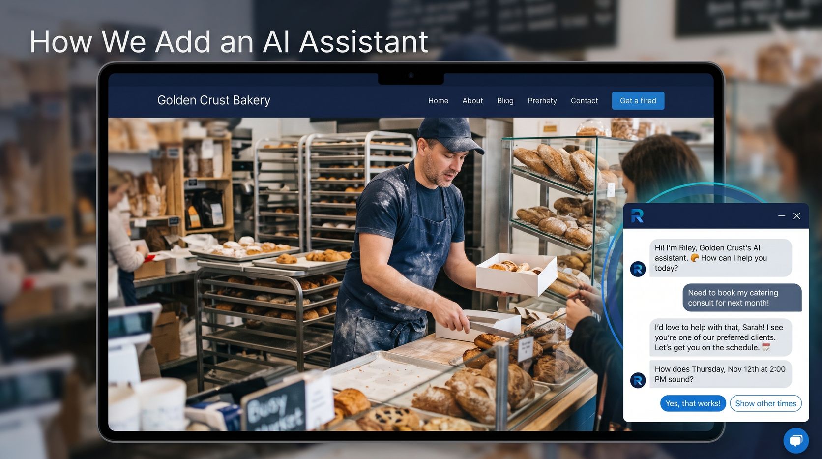 An AI assistant chat window on a small business website answering a visitor's question
