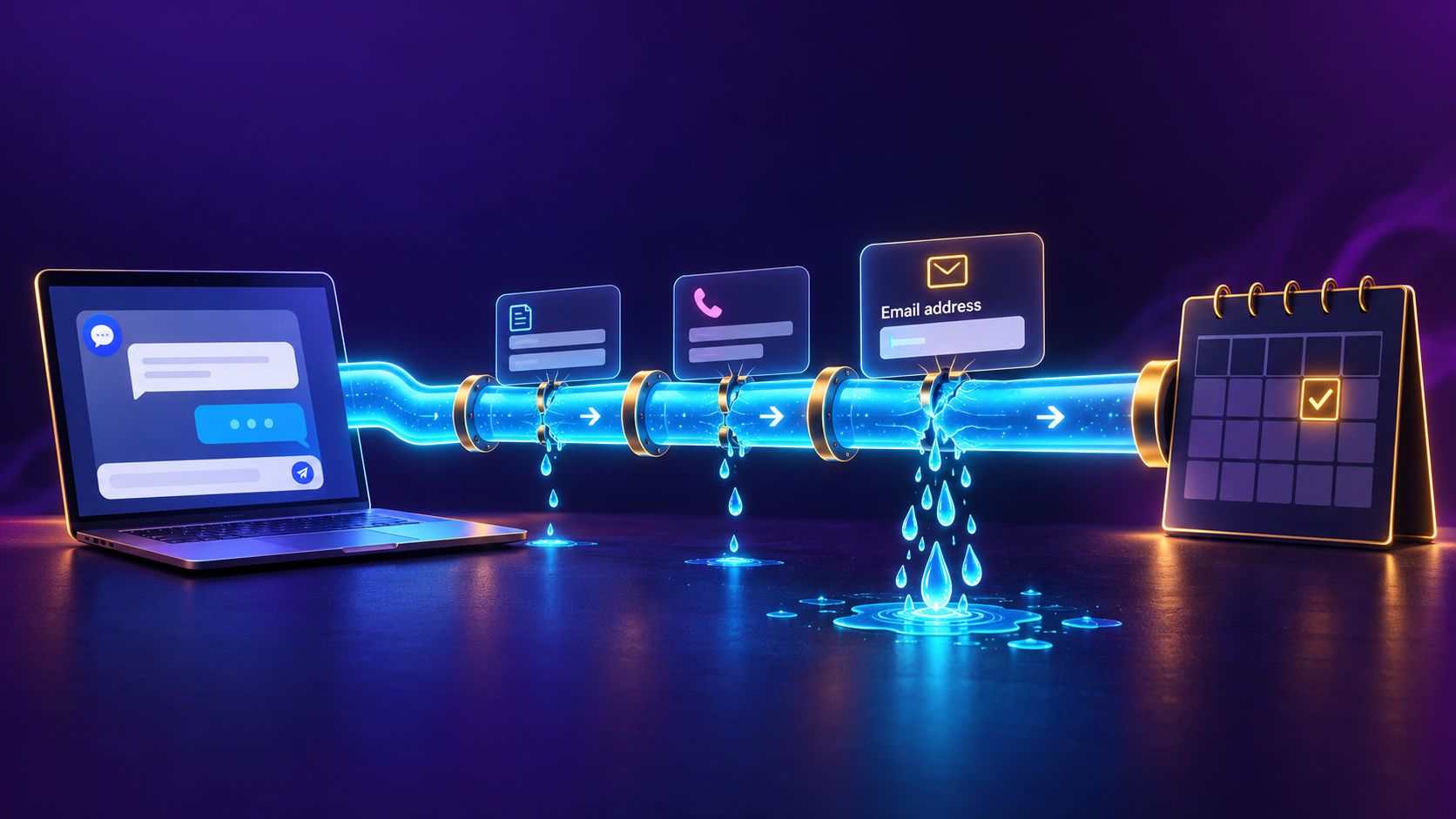 A glowing pipeline running from a website chat on a laptop to a booked calendar slot, leaking at a contact form, a phone call, and an email address field
