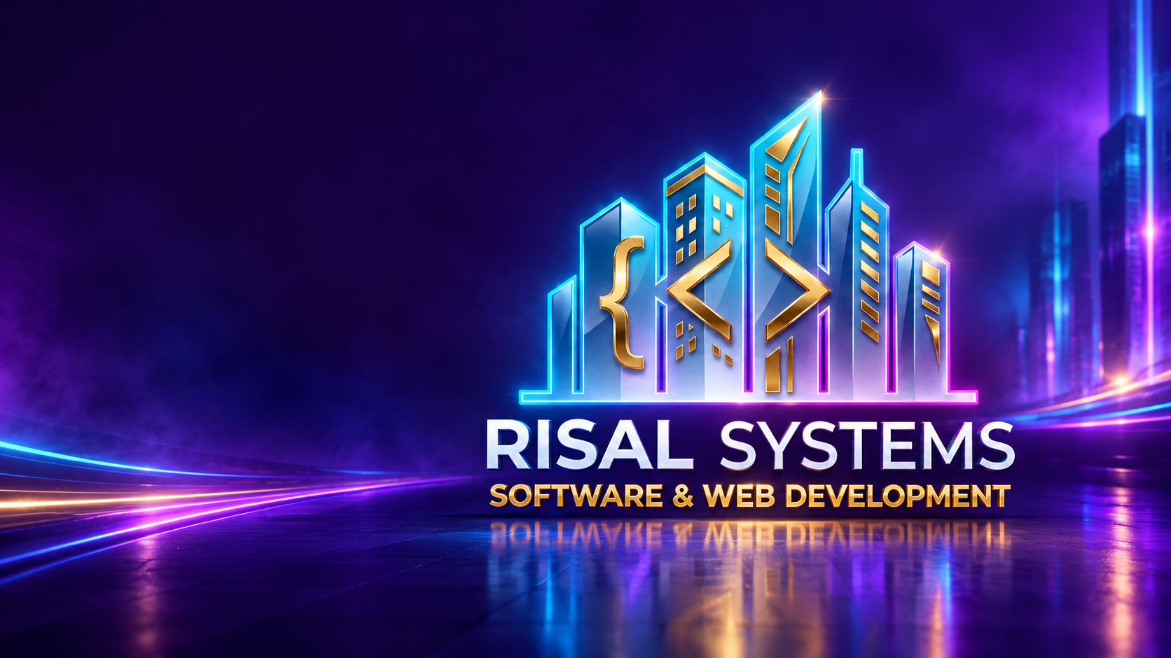 Risal Systems logo: a glowing city skyline with gold code brackets above the words Risal Systems, Software and Web Development