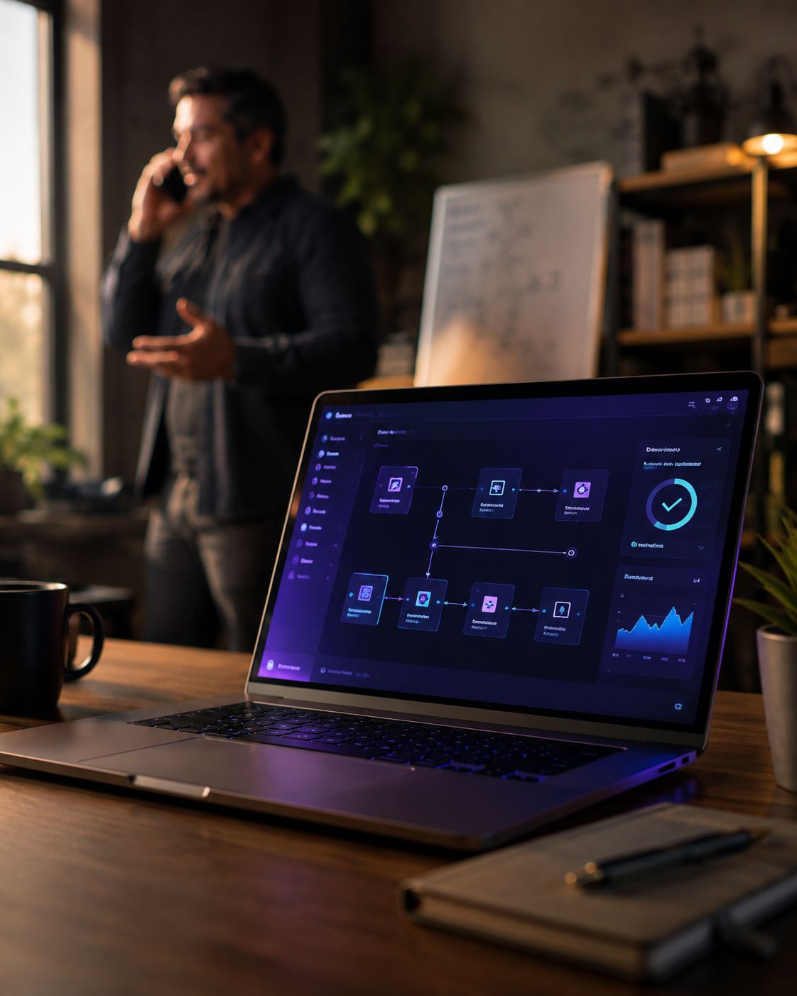 A laptop on a desk showing a glowing automated workflow dashboard, while a business owner talks on the phone in the background instead of managing tasks manually