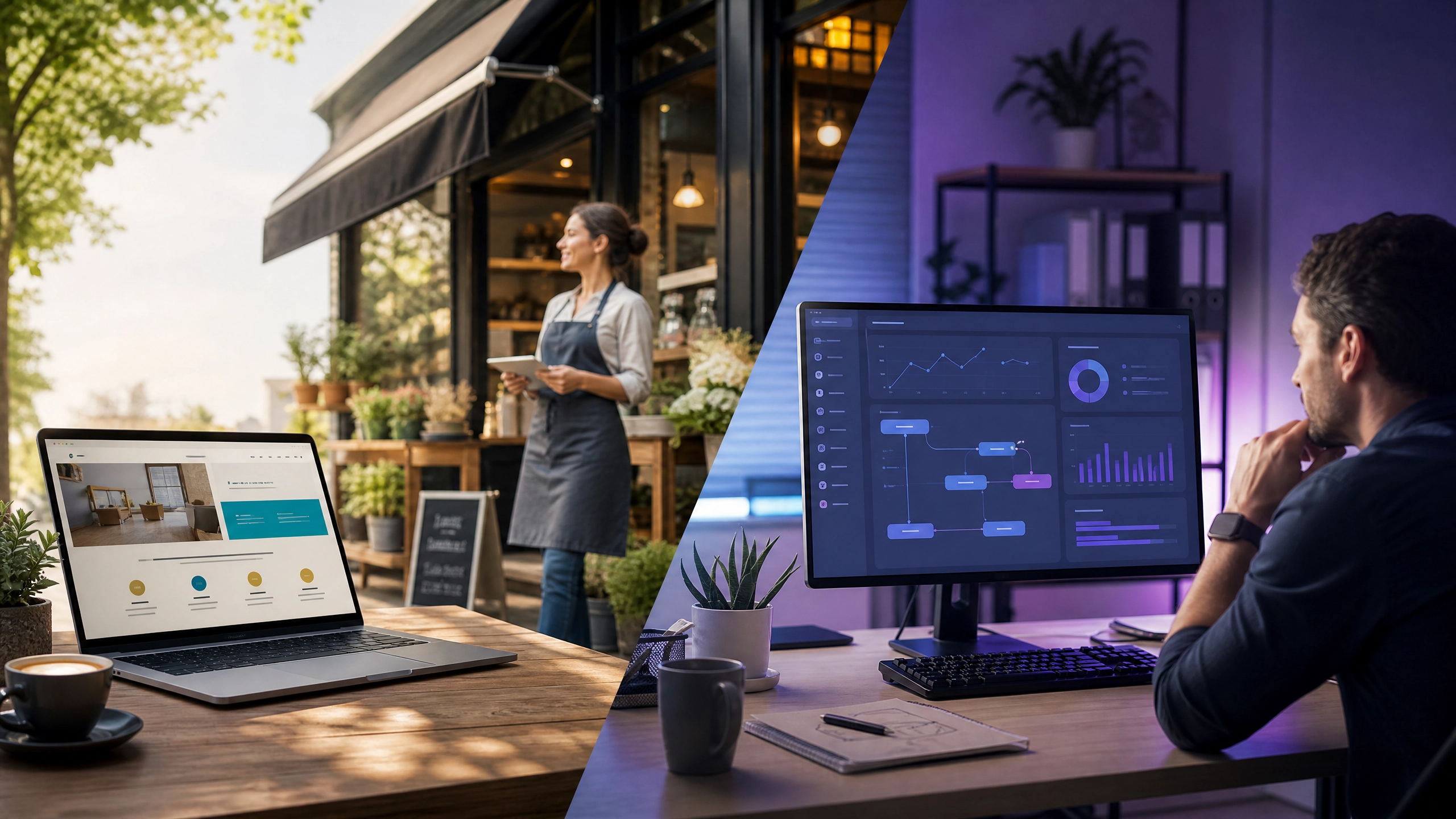 Split scene: on the left, a small business owner's storefront and a laptop showing a clean custom website in daylight; on the right, a business owner reviewing an automation workflow and analytics dashboard at night