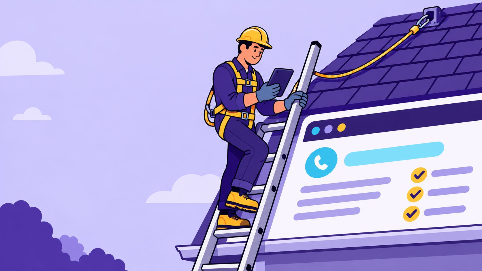 A friendly inspector in a hard hat and safety harness climbs a ladder to examine a website designed to look like a roof, with a phone button and a checklist on the page.