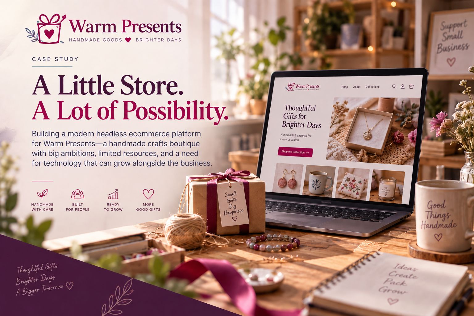 Warm Presents case study cover showing the handmade-gifts e-commerce storefront on a laptop next to wrapped gifts and jewelry on a desk