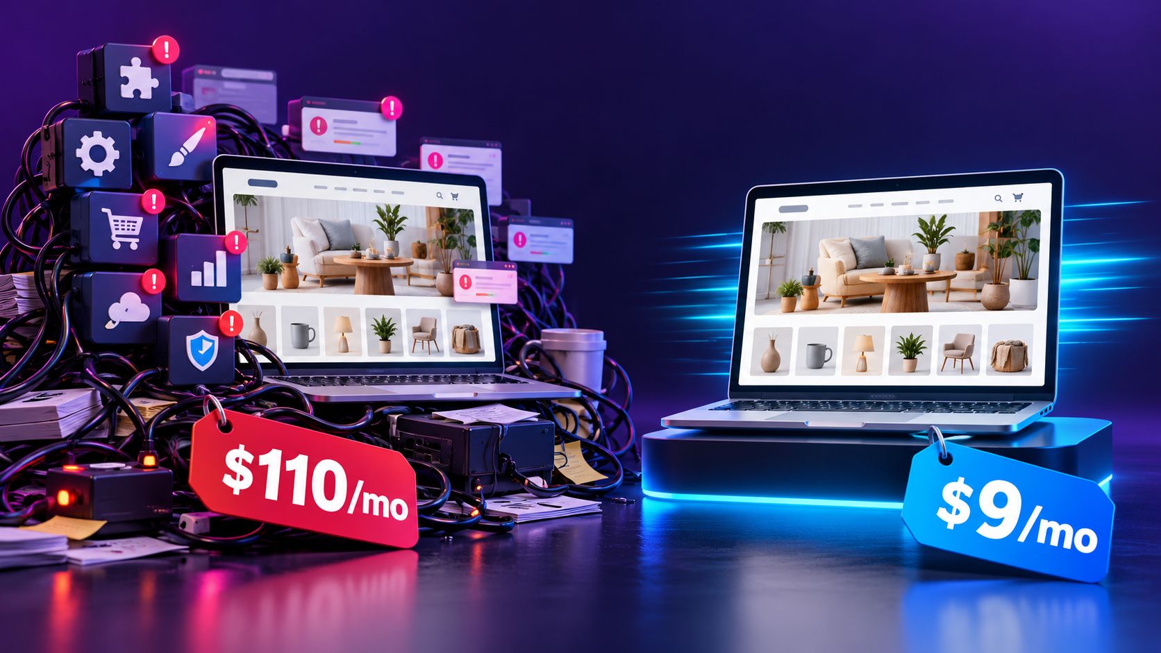 Two identical online store websites on laptops: one buried in plugins, update alerts and tangled cables with a $110 a month price tag, the other clean on a glowing stand with a $9 a month tag